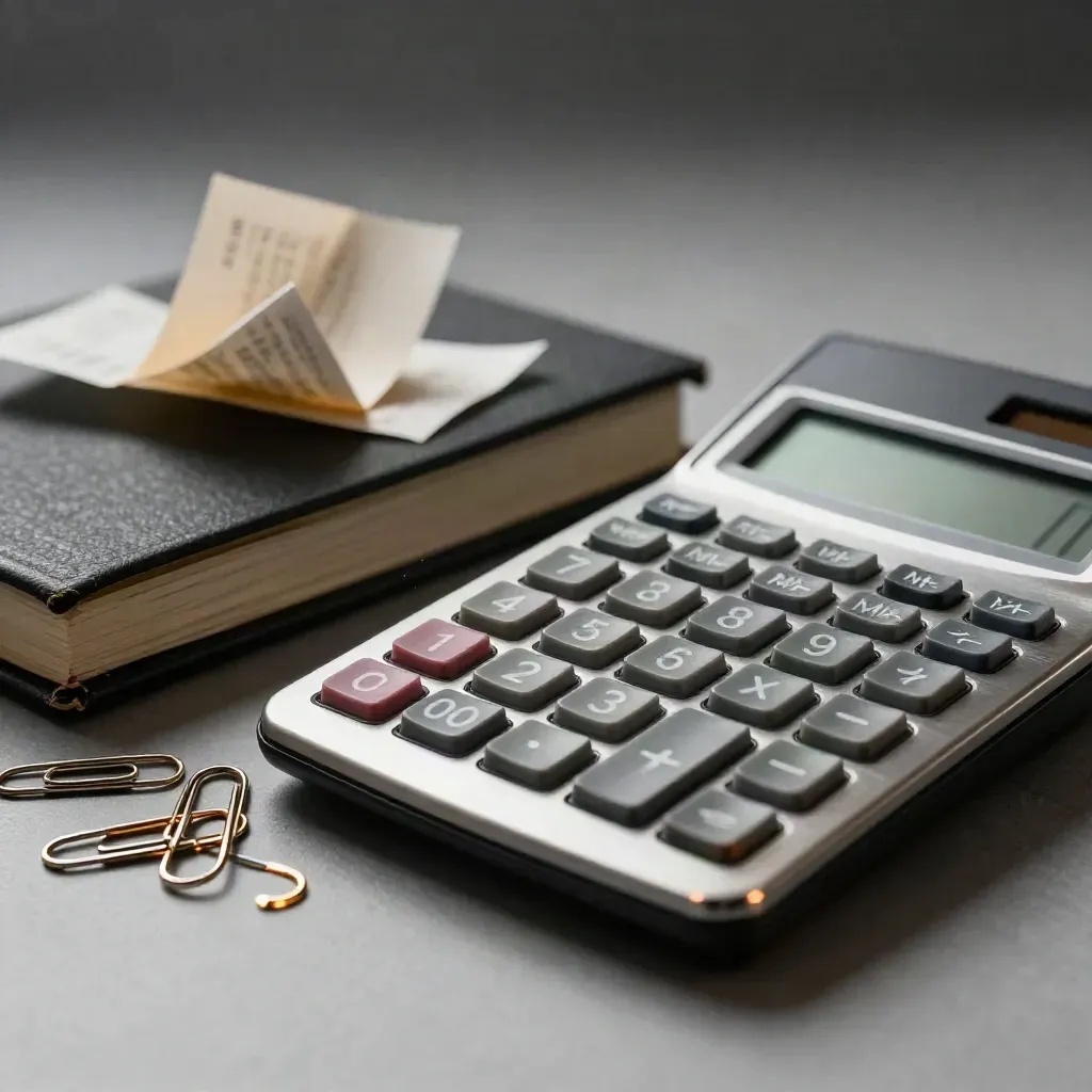 Brushed-metal calculator beside a closed ledger, receipt slips, and paper clips on pewter.