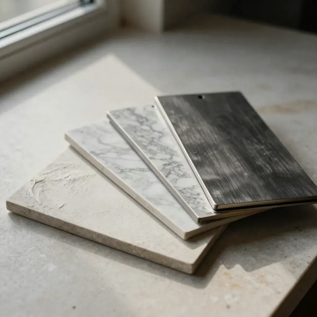 Architectural finish samples fanned on pale limestone under soft upper-left light.