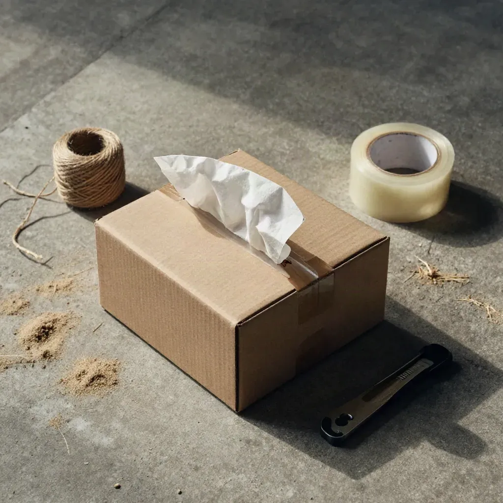 Kraft shipping box with tape, twine and cutter on concrete, lit from upper left.