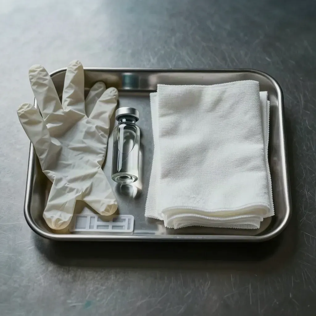 Clinical tray with gauze, vial, glove cuff, and pill organiser on brushed metal.