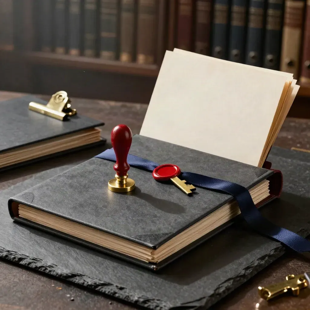 Legal docket folder, wax seal stamp, brass clip and ribbon-tied papers on dark slate