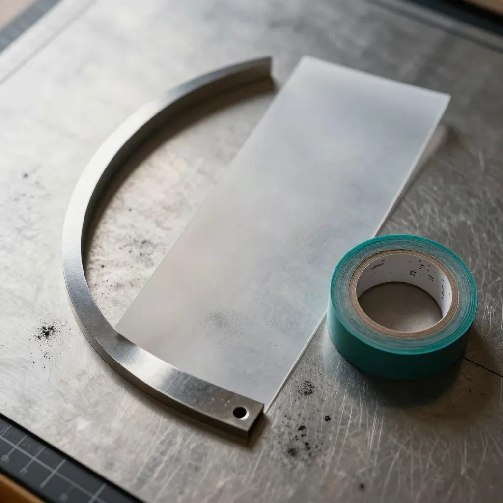 Macro flat lay of French curve, tracing paper roll, cutting mat corner and teal drafting tape on brushed pewter.