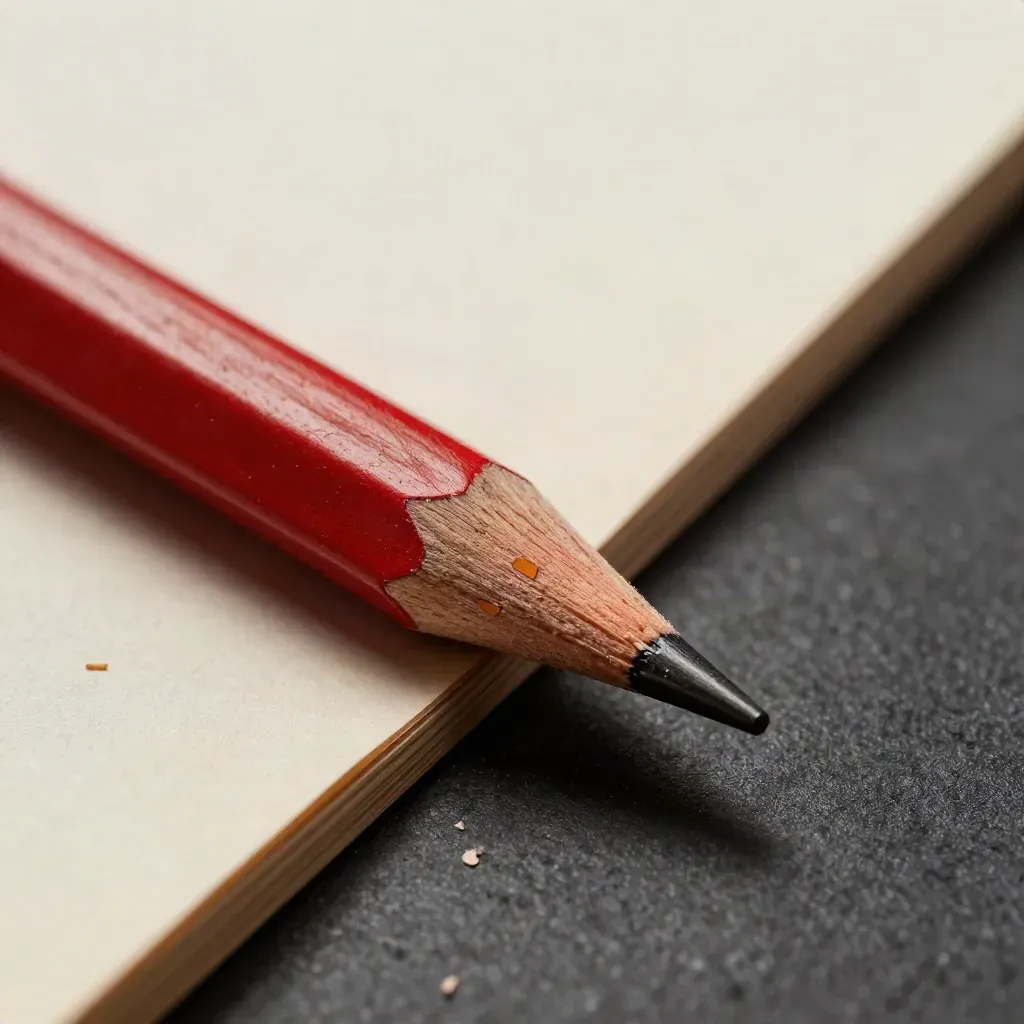 Macro of a red editing pencil with eraser crumbs and tiny amber page flags on a dark matte surface.
