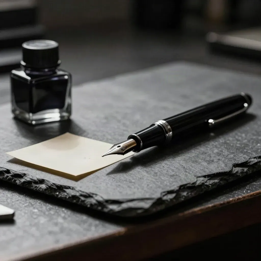 Black fountain pen, nib cap and blotter card on slate in dramatic studio light.
