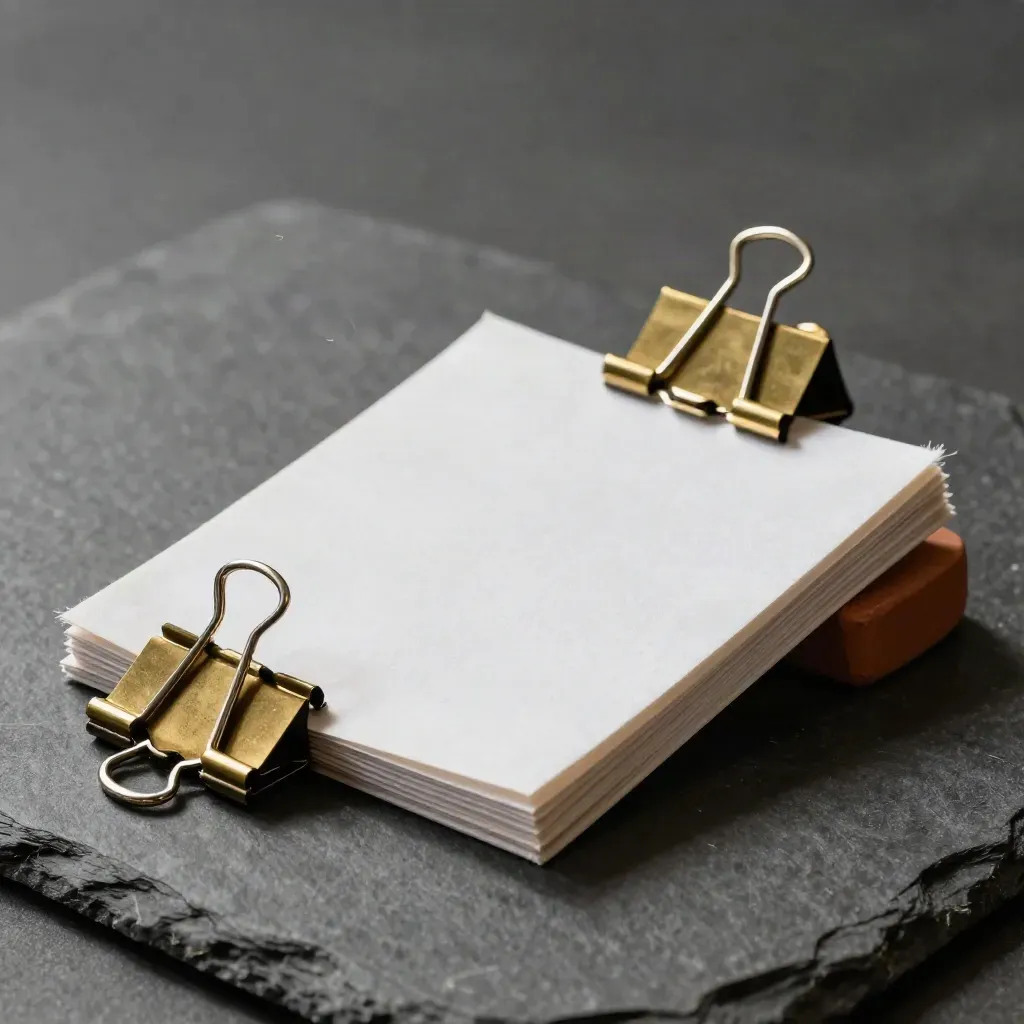 Clipped résumé packet, fold-over folder and brass clips on graphite stone with raking light.