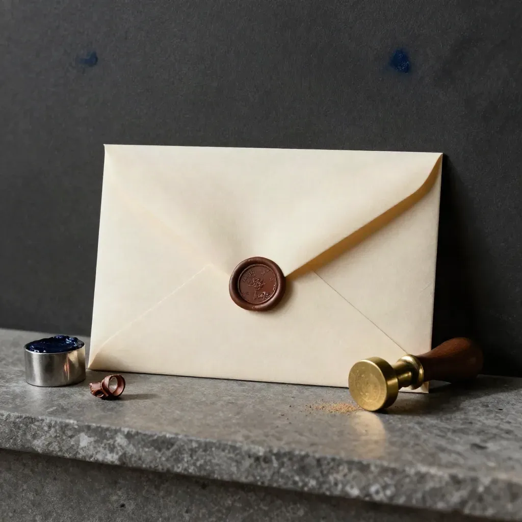 Cream envelope sealed with wax beside a stamper and paperweight on a stone ledge.