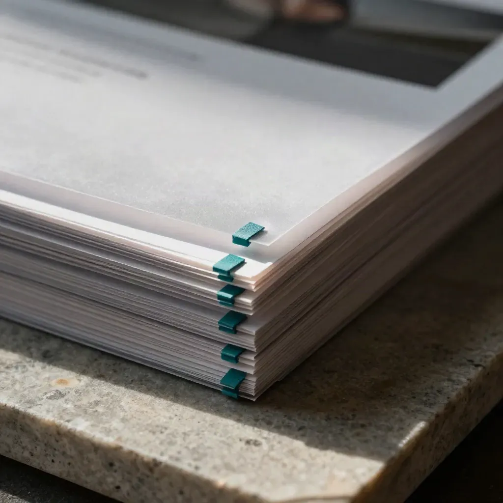 Macro of layered proof pages with translucent overlays and teal flags on limestone.