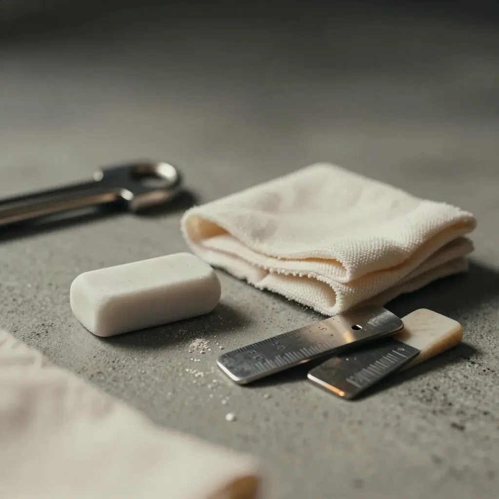 Soft white eraser, polishing cloth and page weights on a dark studio surface