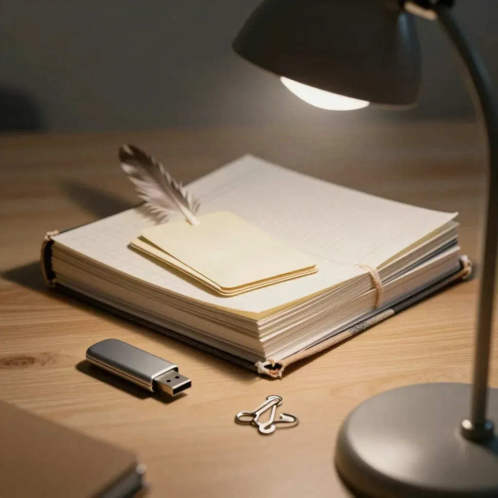 Lecture notebooks, flashcards, USB drive, and binder clip on pale wood under lamp light.