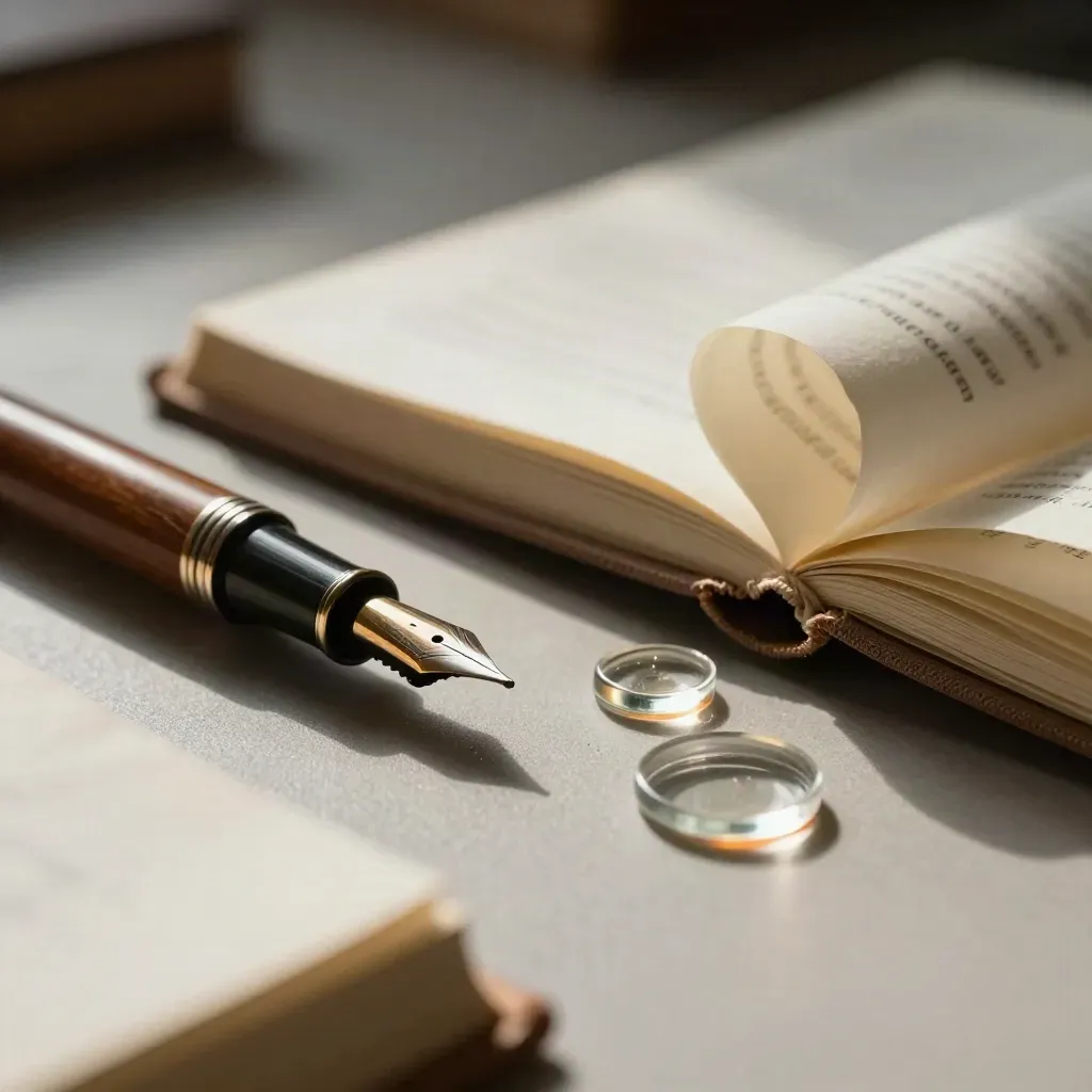 Macro still life of pen, clothbound notebook, page weights and turned manuscript on a writer’s desk.