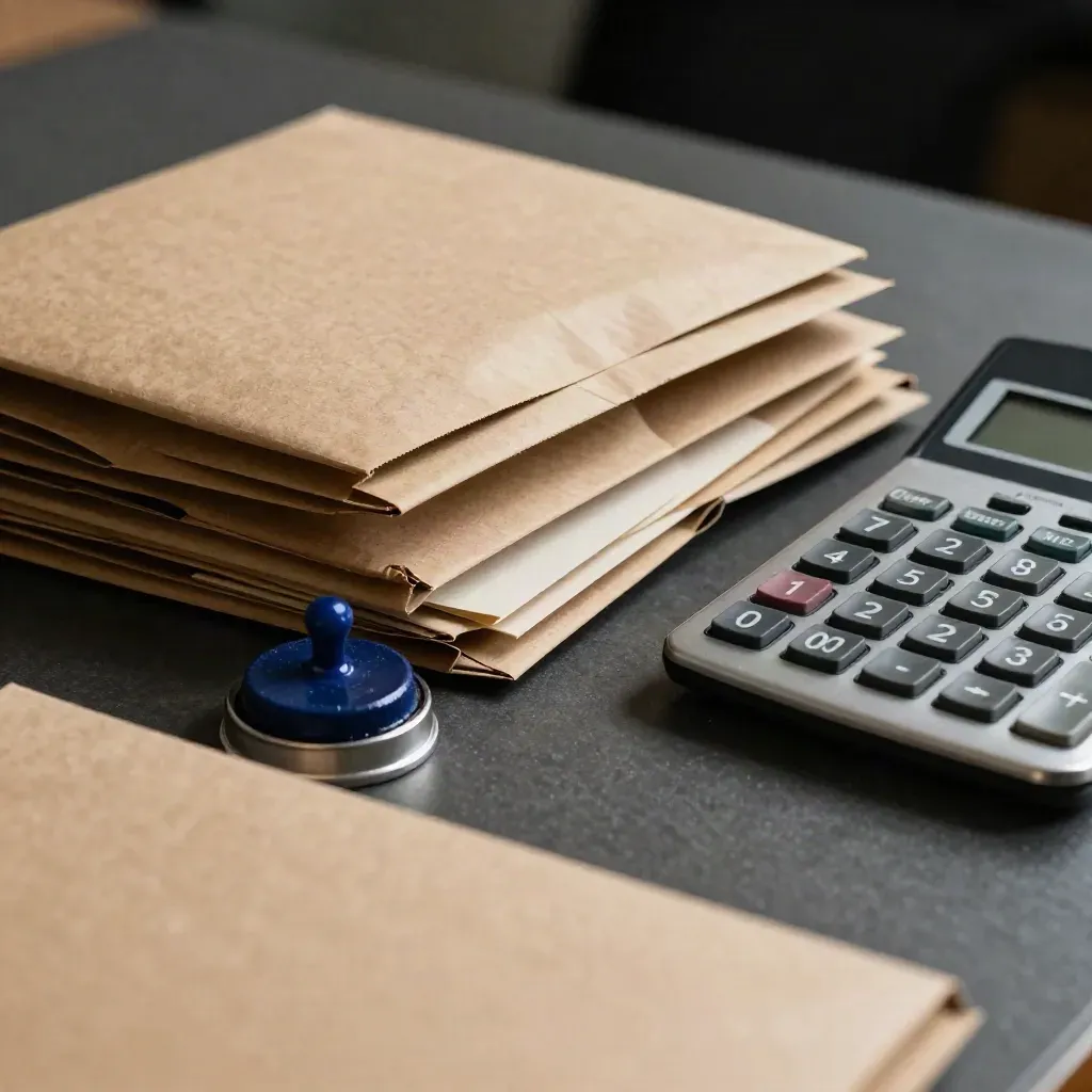 Dispatch tools for a small business: mailers, stamp pad, receipt spike, calculator on a dark bench.