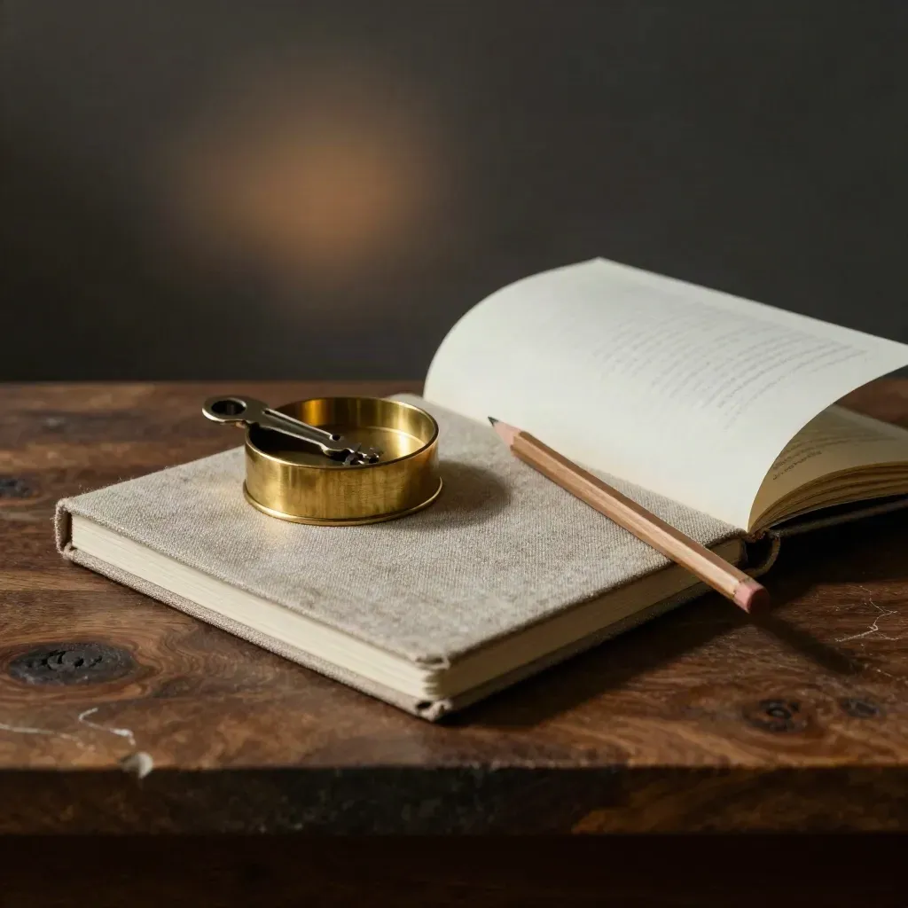 Linen notebook, brass paperweight and pencil on walnut stone in dramatic studio light.