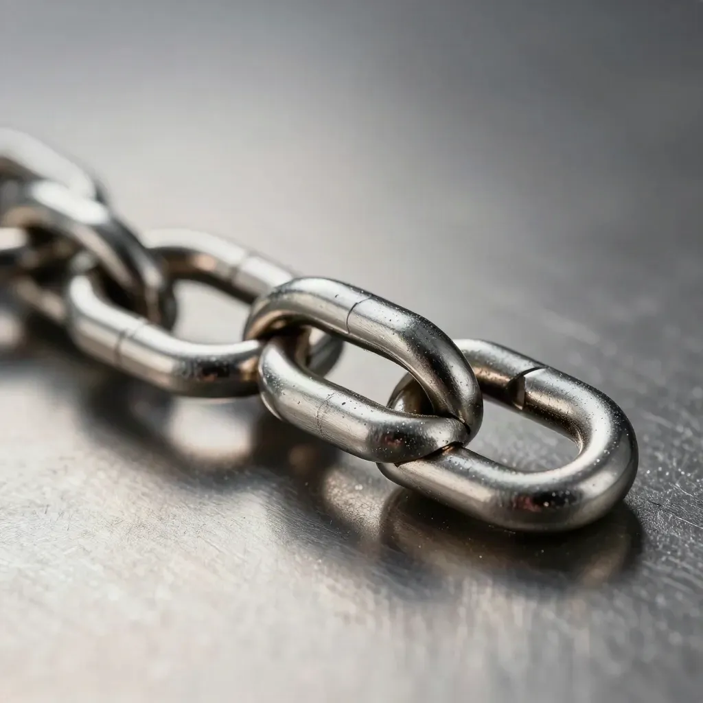 Macro of locking aluminium links, a connector and ring clip on brushed steel