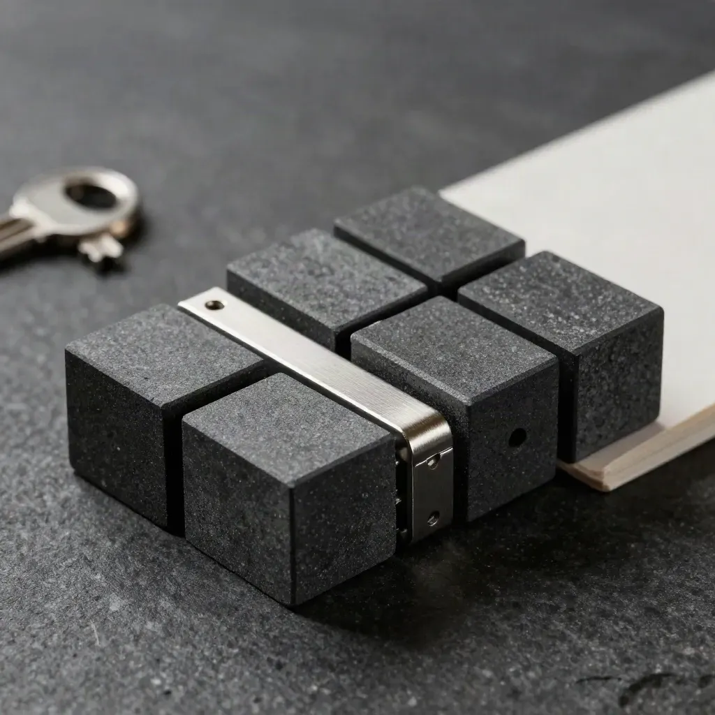 Graphite modular blocks and a bridging plate snapped together on dark stone in dramatic studio light.