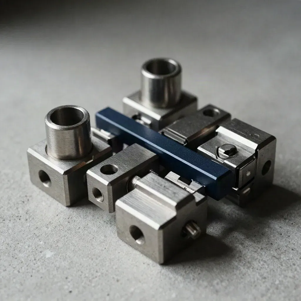 Close-up of fitted metal connectors and dovetail joints on pale concrete under raking light.